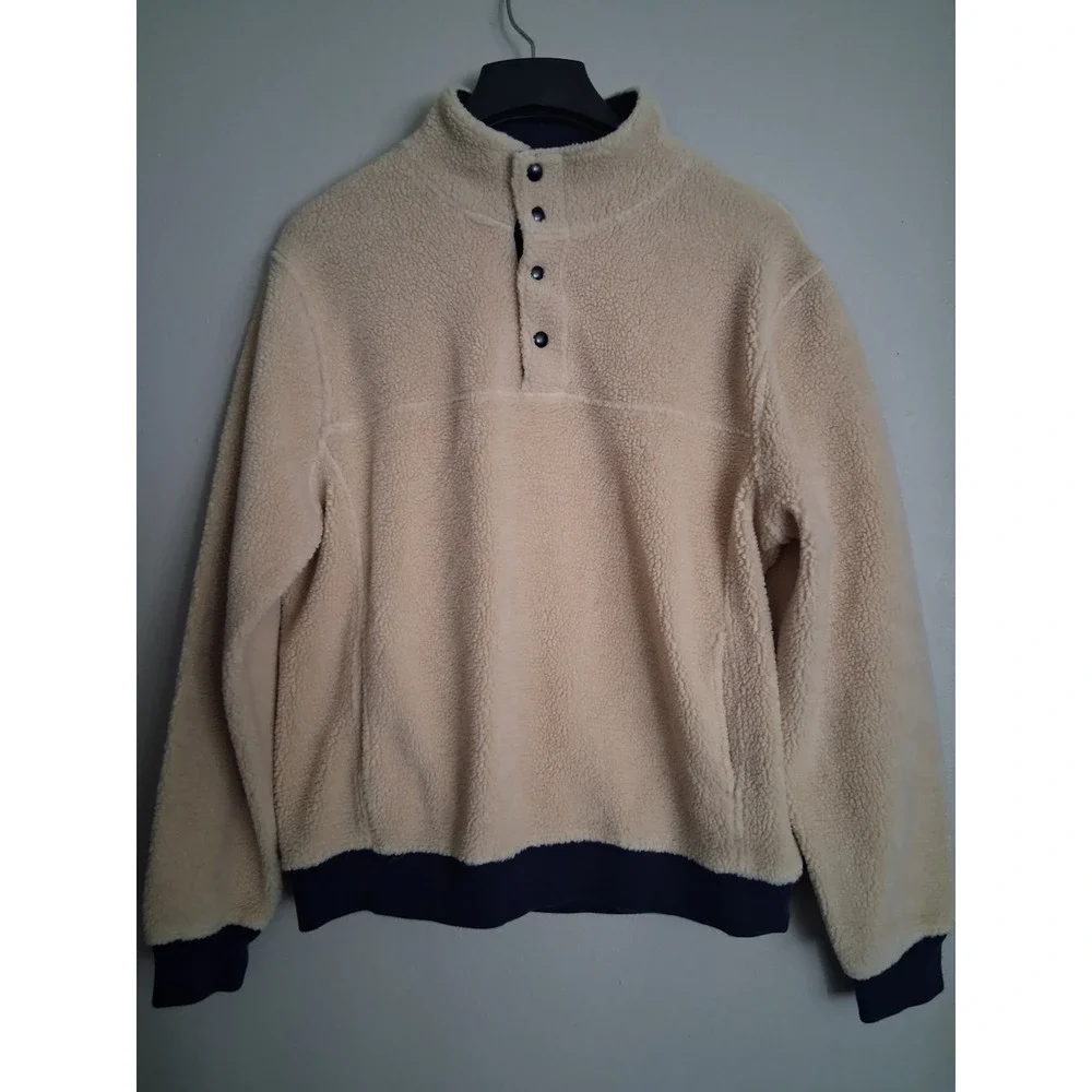 J.Crew Authentic Fleece Sherpa Pullover Cream Navy Blue Snap Mock Neck Mens L